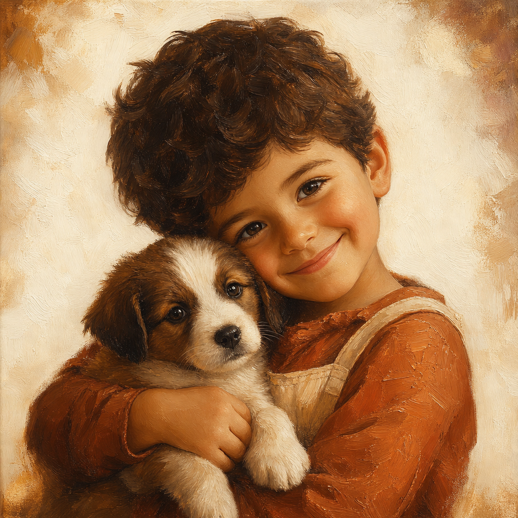Young child hugging a small puppy cheek to cheek.