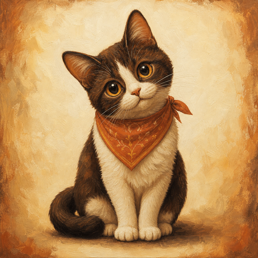Curious cat with terracotta bandana, head tilted.