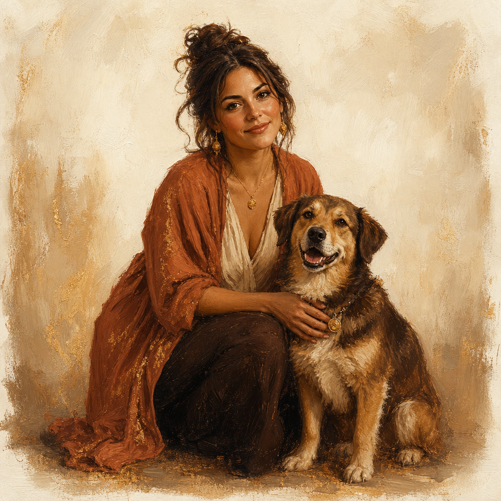 Adult woman kneeling and gently petting a dog beside her.