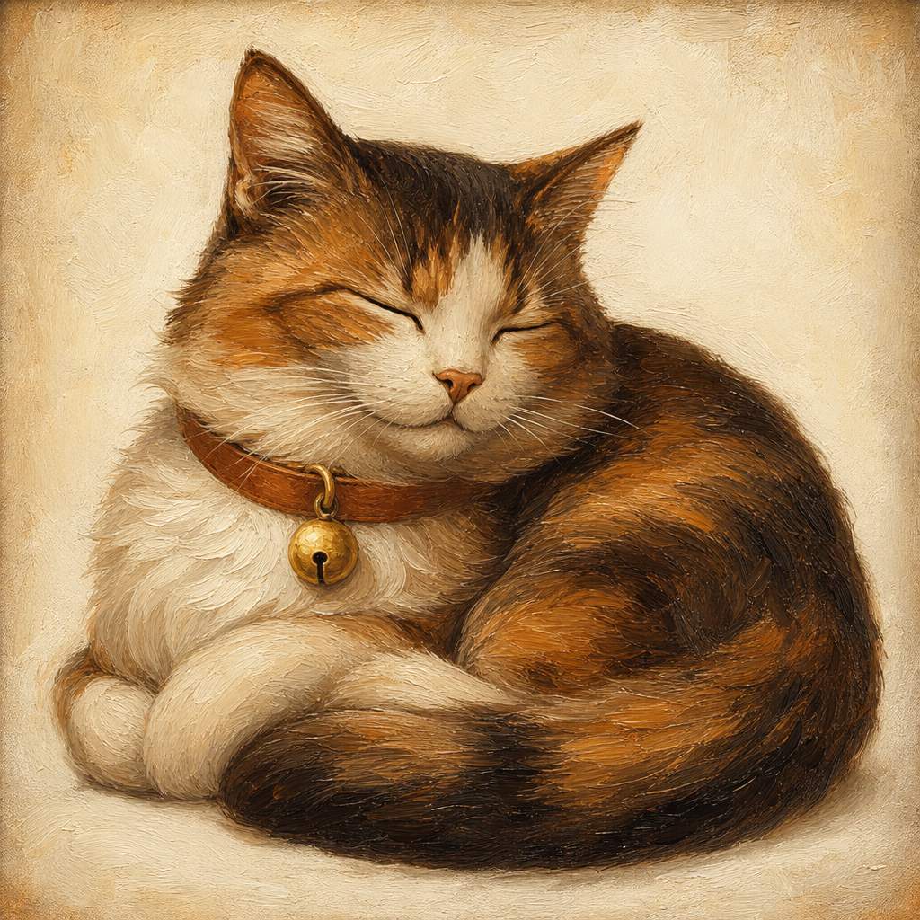 Calico cat curled peacefully with a small gold bell.