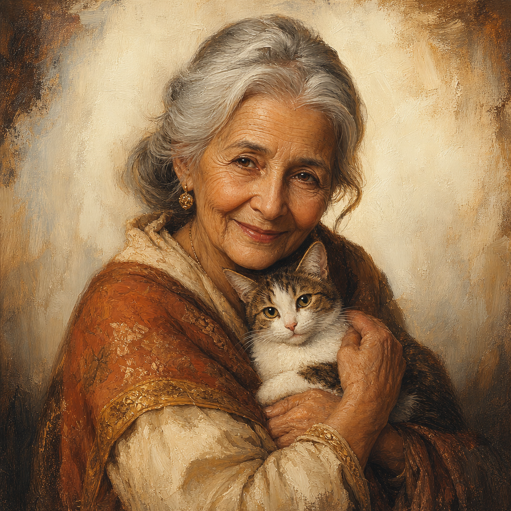 Elderly woman with silver hair holding a small cat close.
