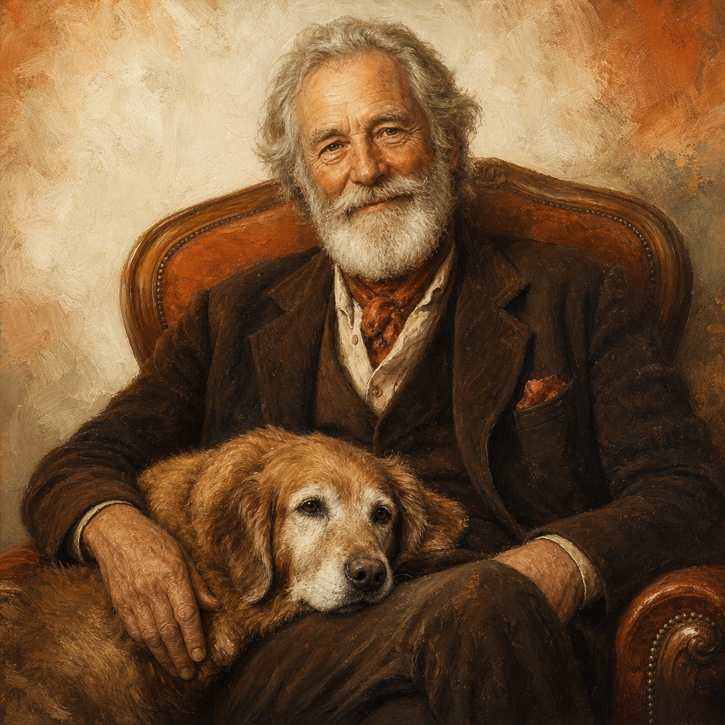 Elderly man seated in an armchair with a loyal old dog on his lap.